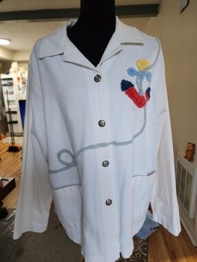 Vintage White Chenille Embroidered Denim Jacket - Abstract Nautical Retro 90s Lg